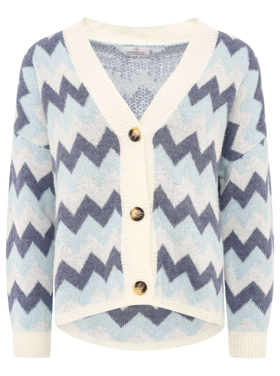 Zwillingsherz - Strick Cardigan Bunt ZickZack - Beige/Blau