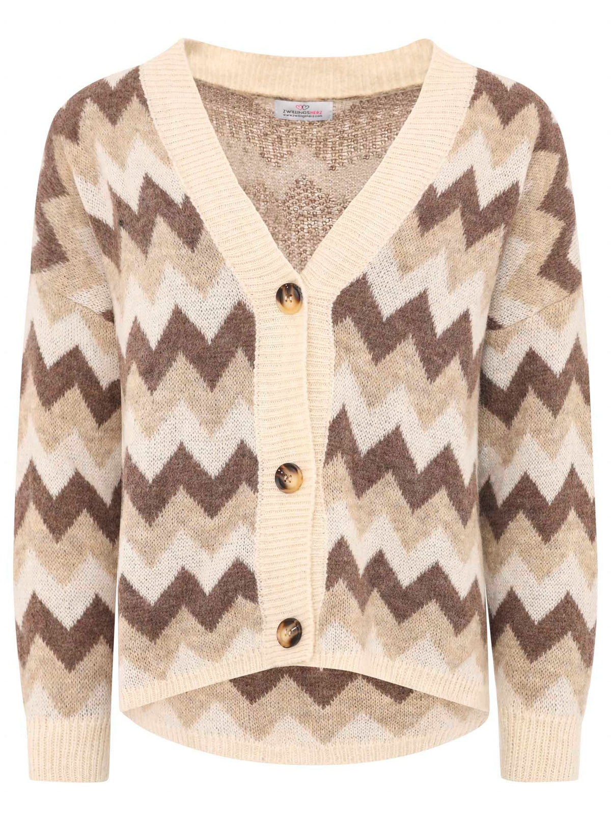 Zwillingsherz - Strick Cardigan Bunt ZickZack - Beige/Braun