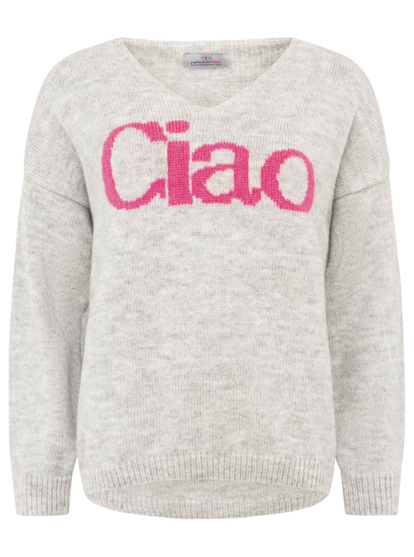 Zwillingsherz - Strickpullover "Ciao“ - Made in Italy - Grau/Pink