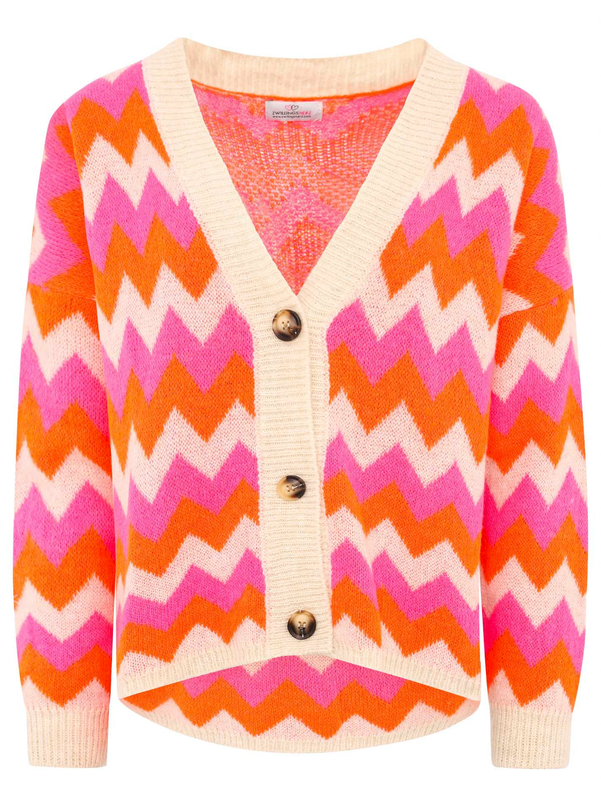 Zwillingsherz -  Strick Cardigan Bunt ZickZack - Beige/Rot