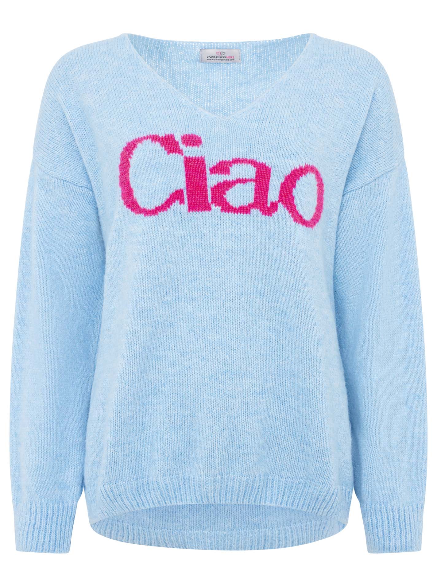 Zwillingsherz - Strickpullover "Ciao“ - Made in Italy - Blau/Pink