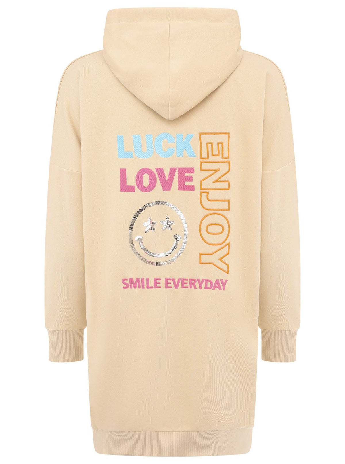 Zwillingsherz - Hoodiekleid "Love Luck Enjoy Pailletten" - Beige