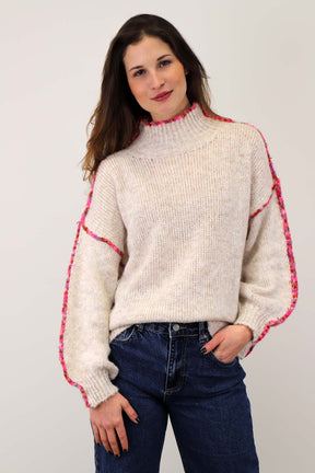 Pullover mit bunter Naht - Beige