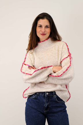 Pullover mit bunter Naht - Beige