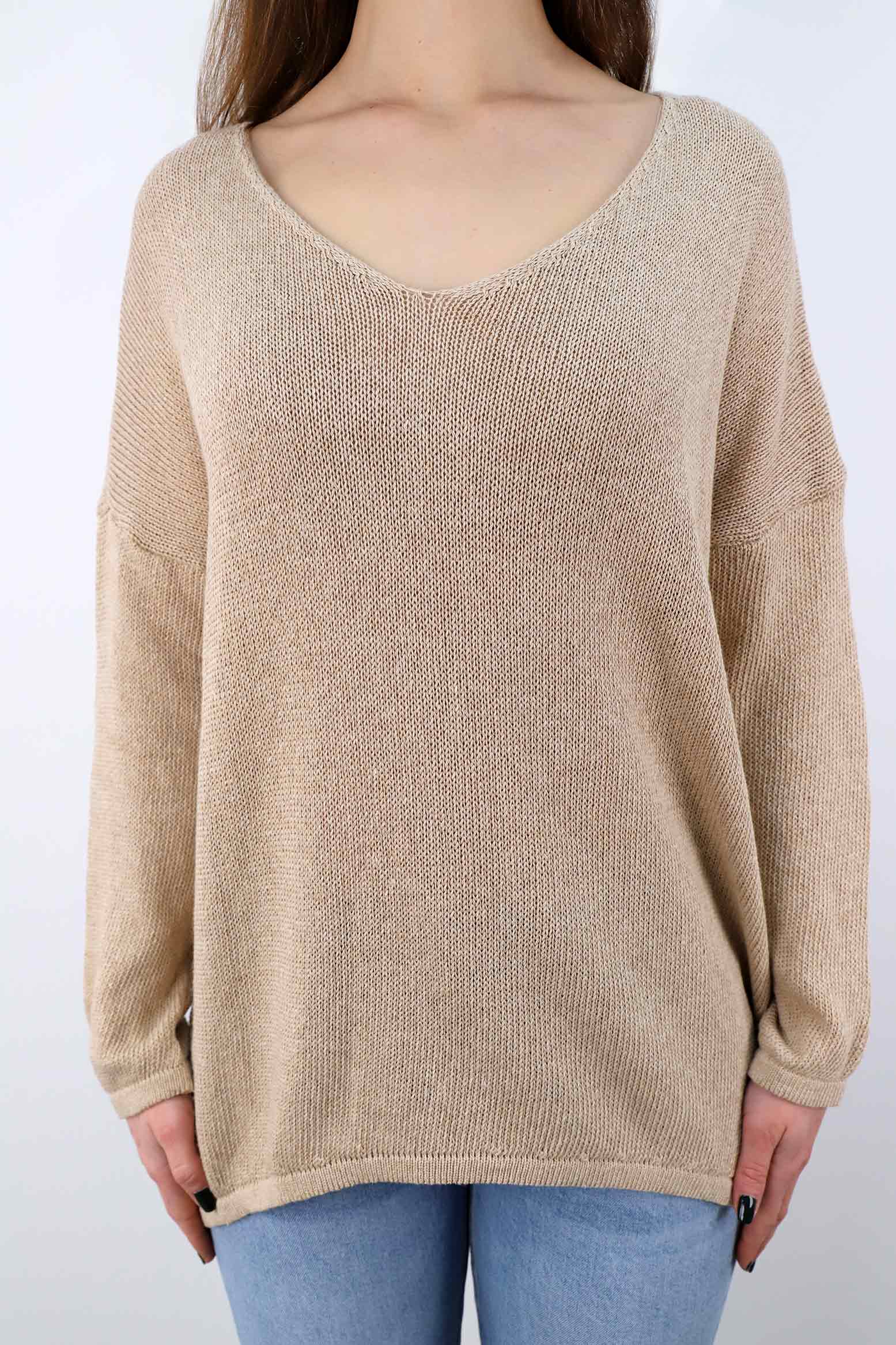 Oversized Pullover mit V-Ausschnitt - Beige