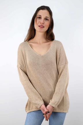 Oversized Pullover mit V-Ausschnitt - Beige