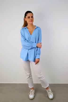 Bluse mit V-Neck und Kragen - Hellblau