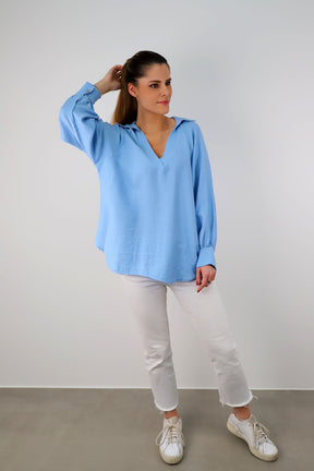 Bluse mit V-Neck und Kragen - Hellblau