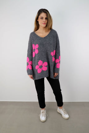 Pullover Oversize "Flower" - Grau