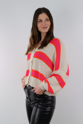 Strickjacke Streifenoptik - Beige/Pink/Orange