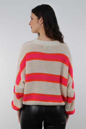 Strickjacke Streifenoptik - Beige/Pink/Orange