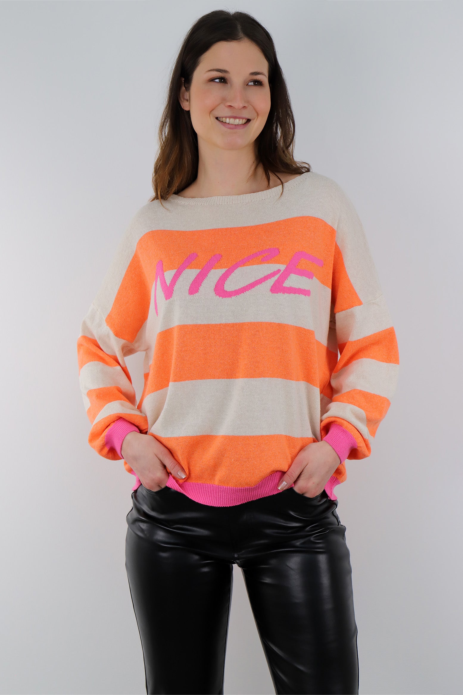 Pullover mit Streifenoptik und Druck - Beige/Orange/Pink