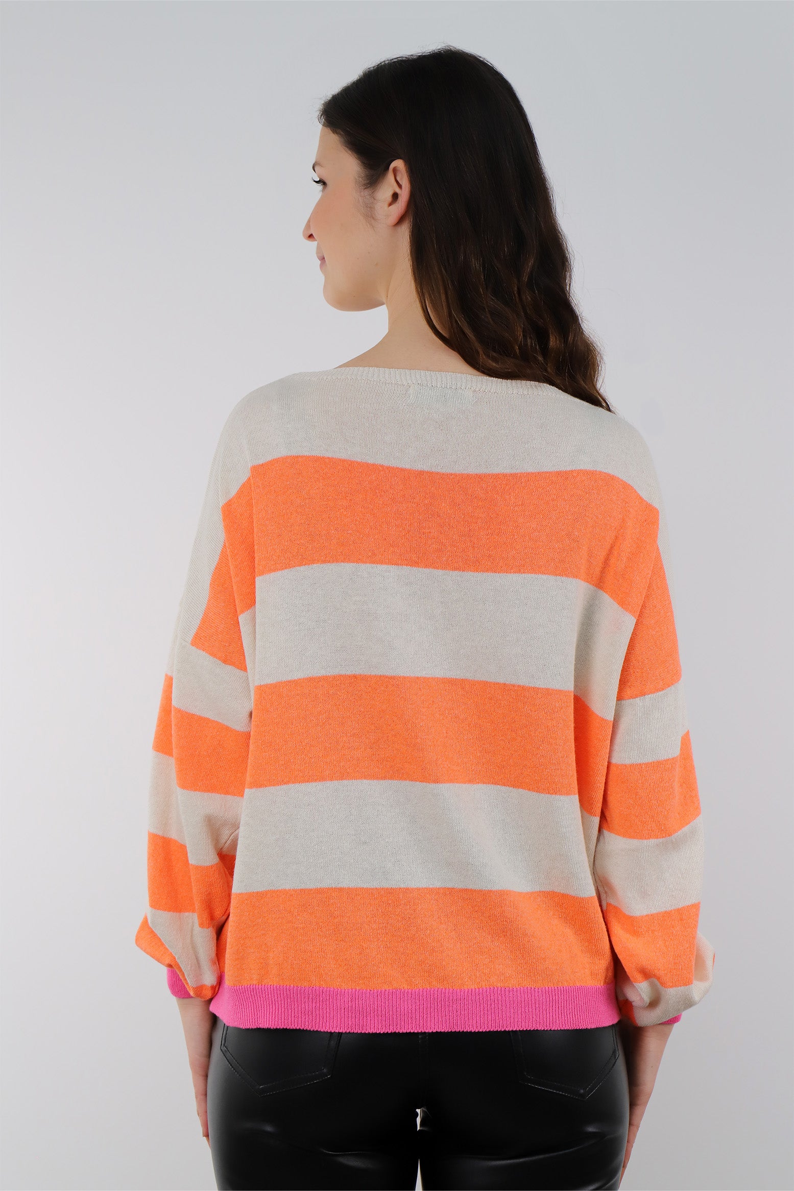 Pullover mit Streifenoptik und Druck - Beige/Orange/Pink