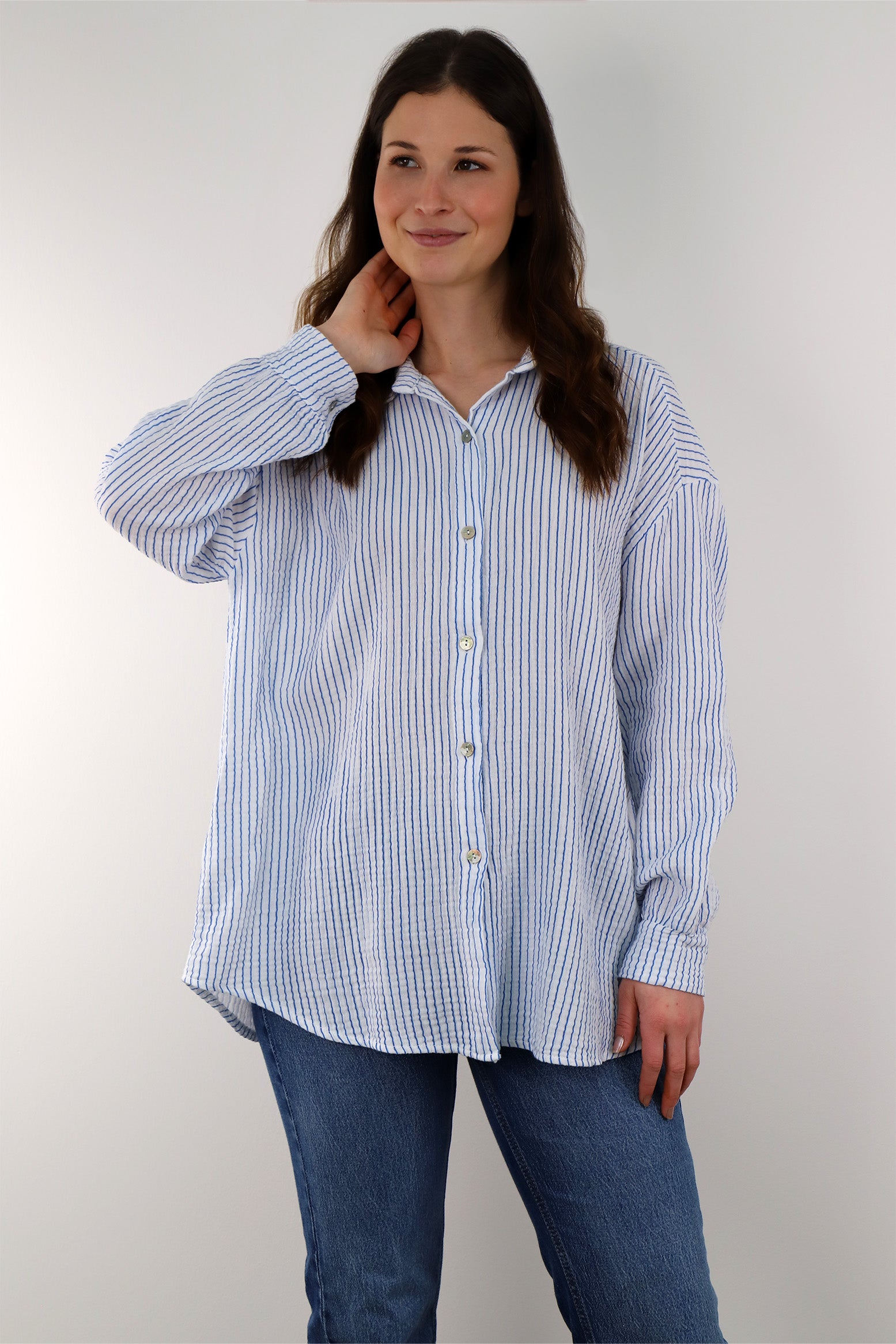 Musselin Bluse mit Streifen - Weiß/Blau