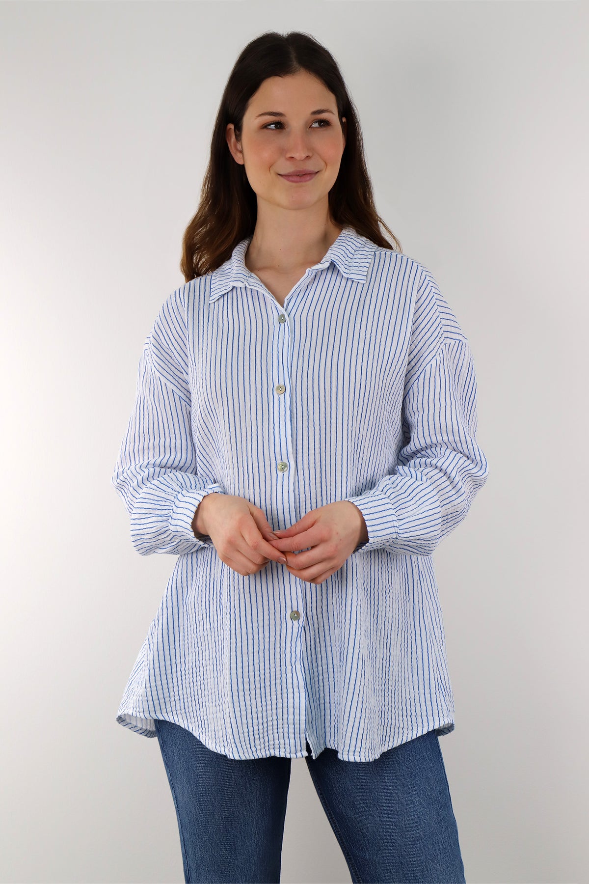 Musselin Bluse mit Streifen - Weiß/Blau