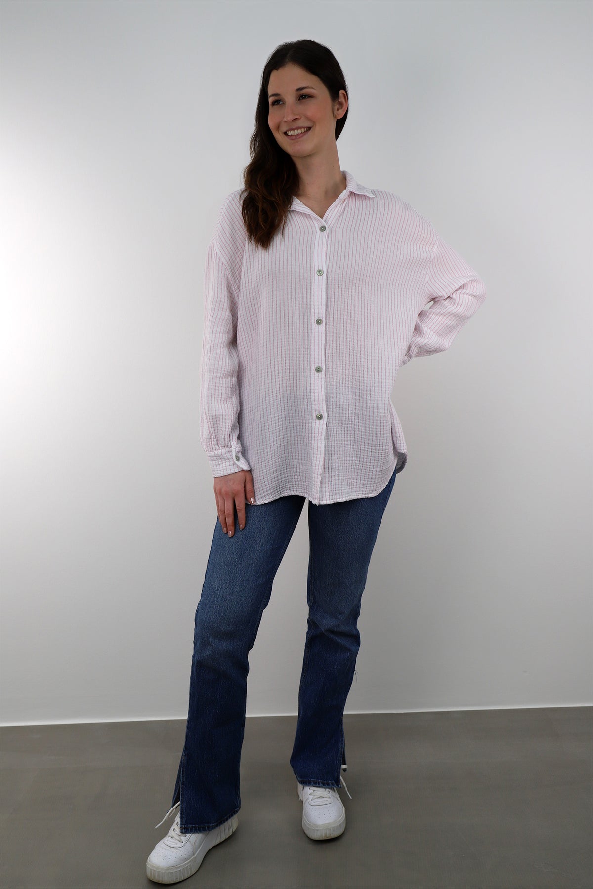 Musselin Bluse mit Streifen - Weiß/Rosa