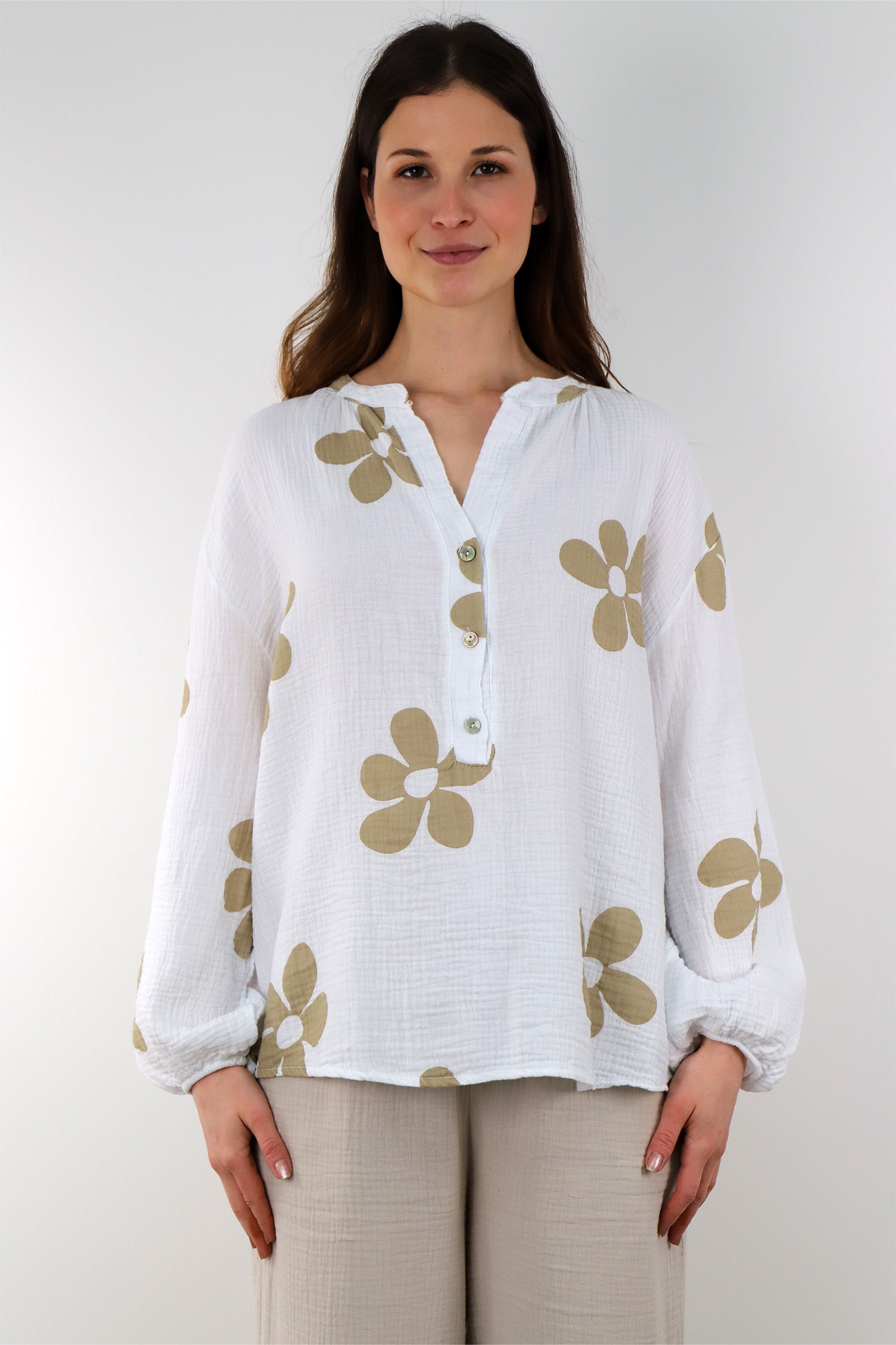 Musselin Bluse mit Blumendruck - Weiß/Beige