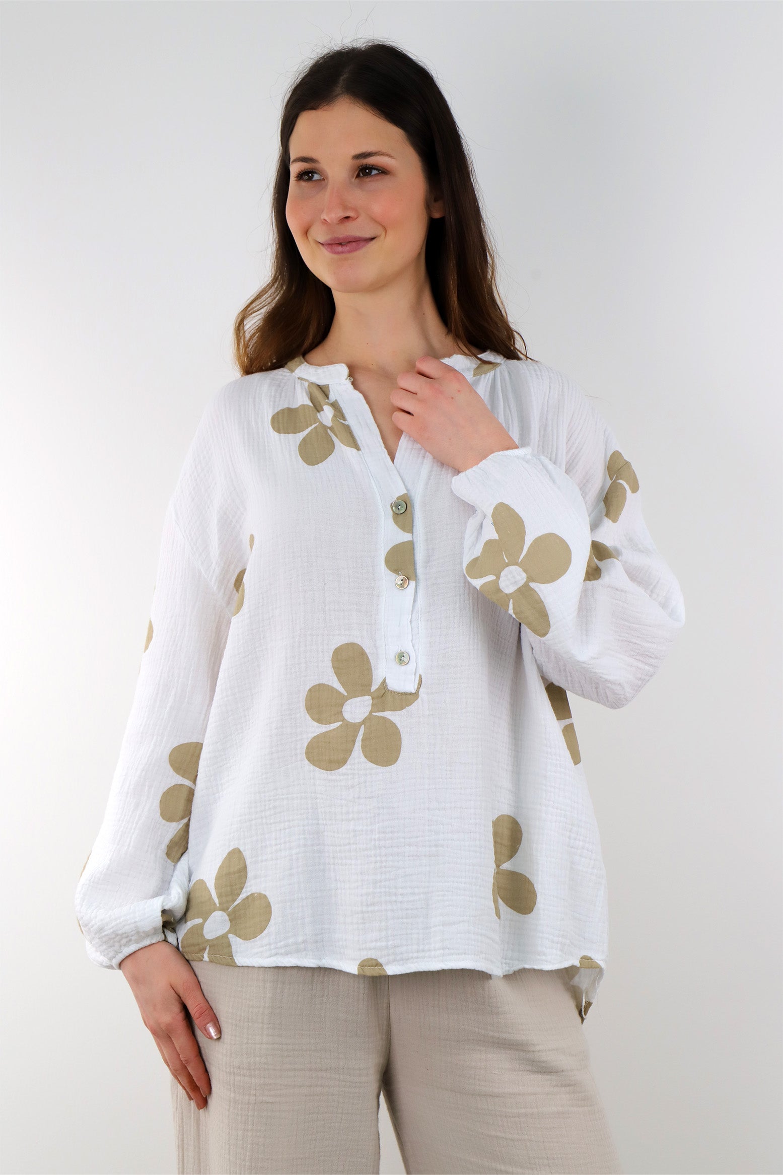 Musselin Bluse mit Blumendruck - Weiß/Beige