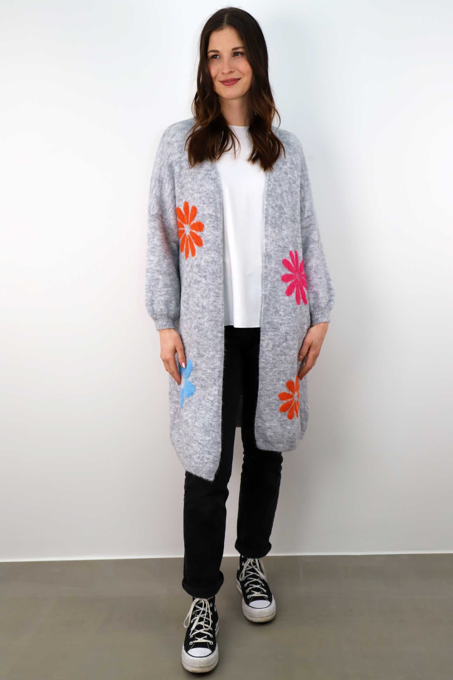 ST Selected Touch - Strickjacke mit Blumen - Hellgrau