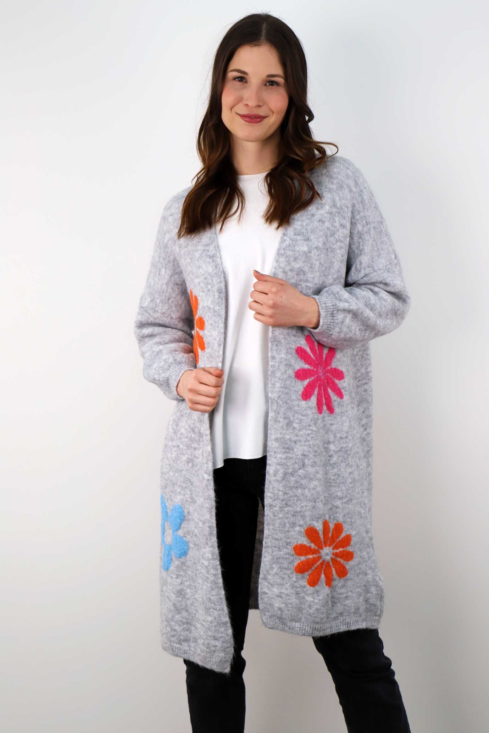 ST Selected Touch - Strickjacke mit Blumen - Hellgrau