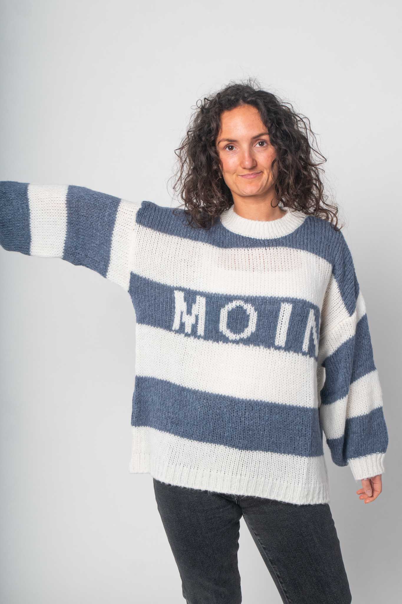 Flair - Pullover "Moin" mit Streifen - Weiß/Blau