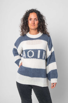 Flair - Pullover "Moin" mit Streifen - Weiß/Blau