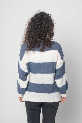 Flair - Pullover "Moin" mit Streifen - Weiß/Blau