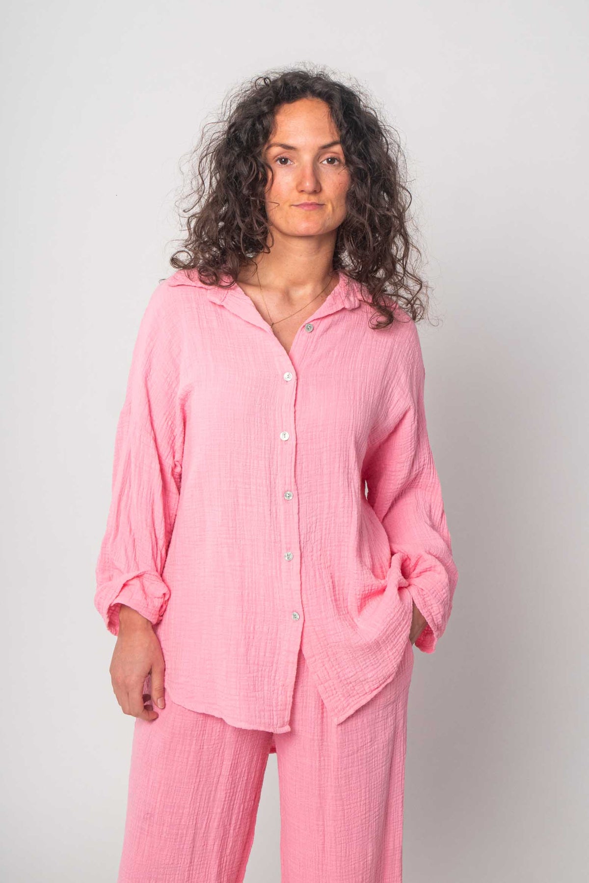 Musselin Zweiteiler (Bluse mit Hose) - Rosa