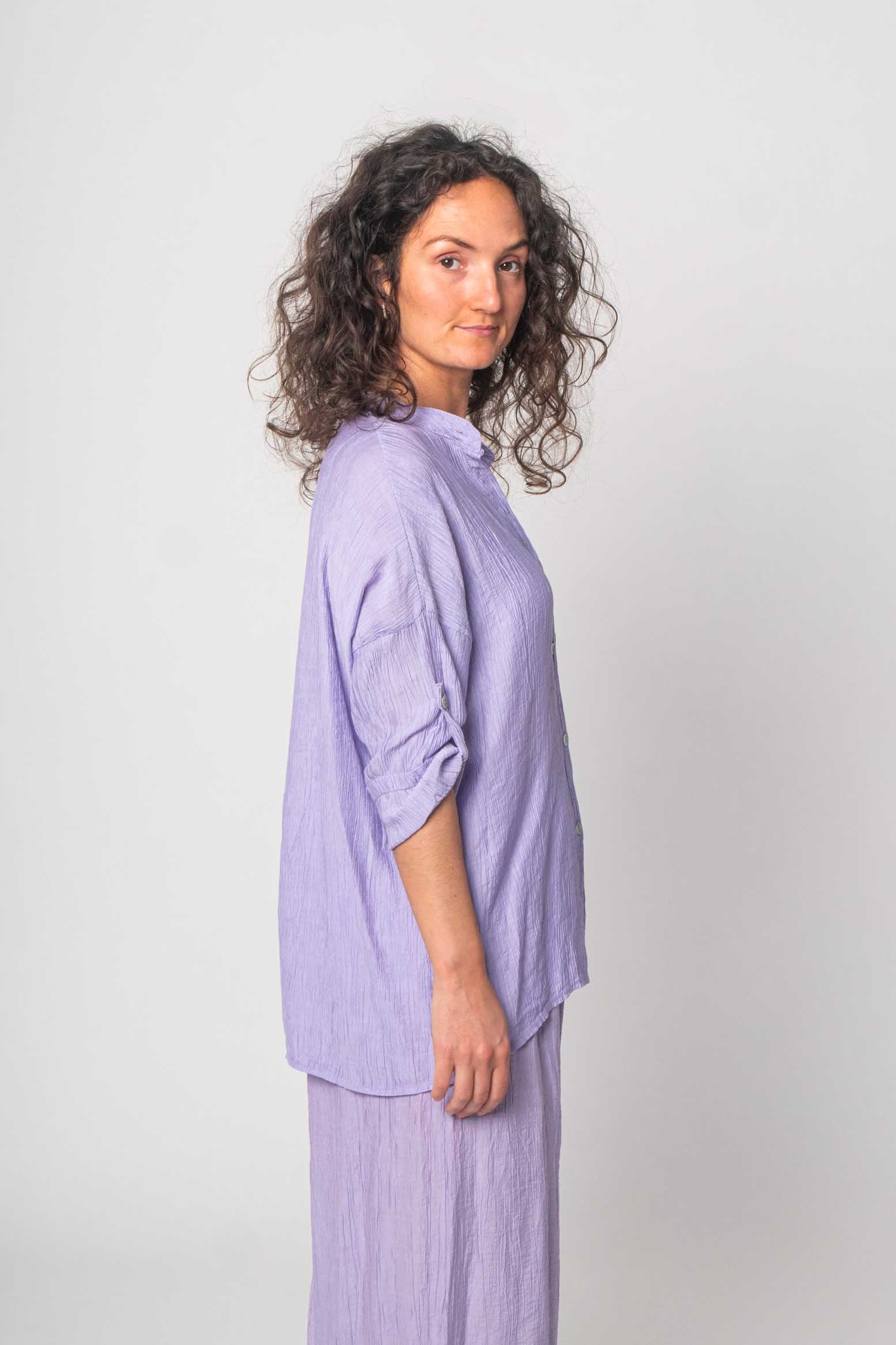 DressWithClass - Bequemer Viskose Zweiteiler (Bluse mit Hose) - Flieder