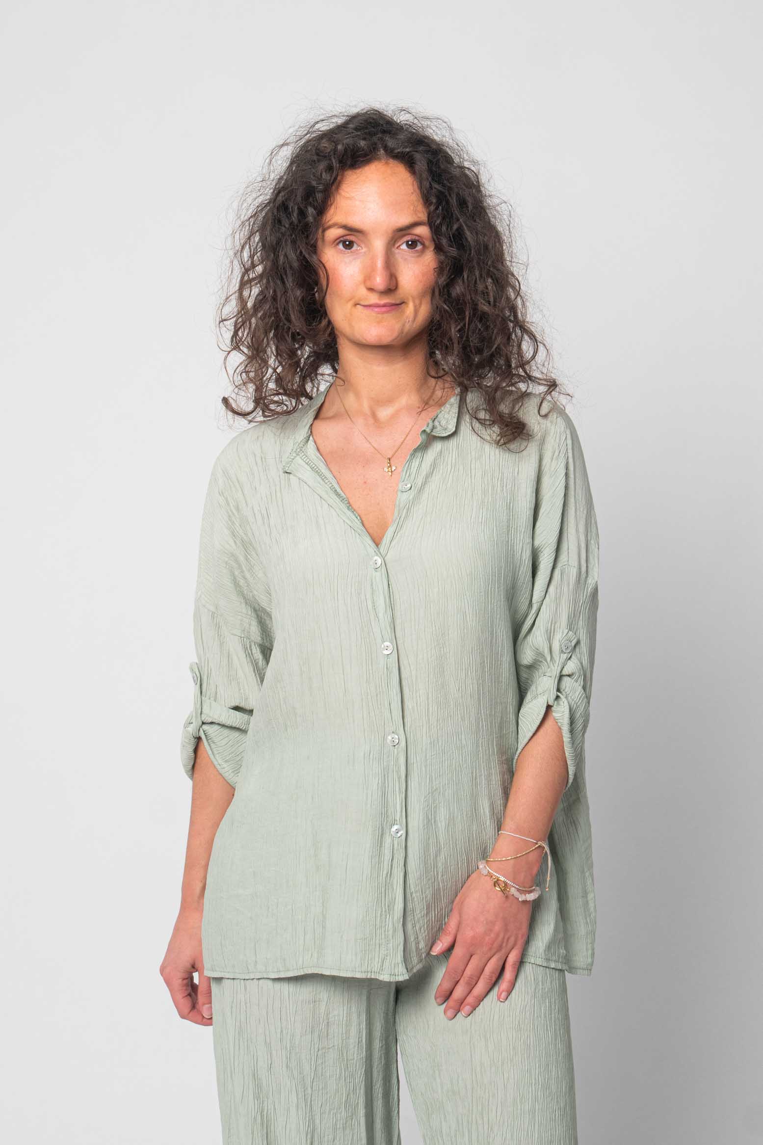 Bequemer Viskose Zweiteiler (Bluse mit Hose) - Mint/Oliv