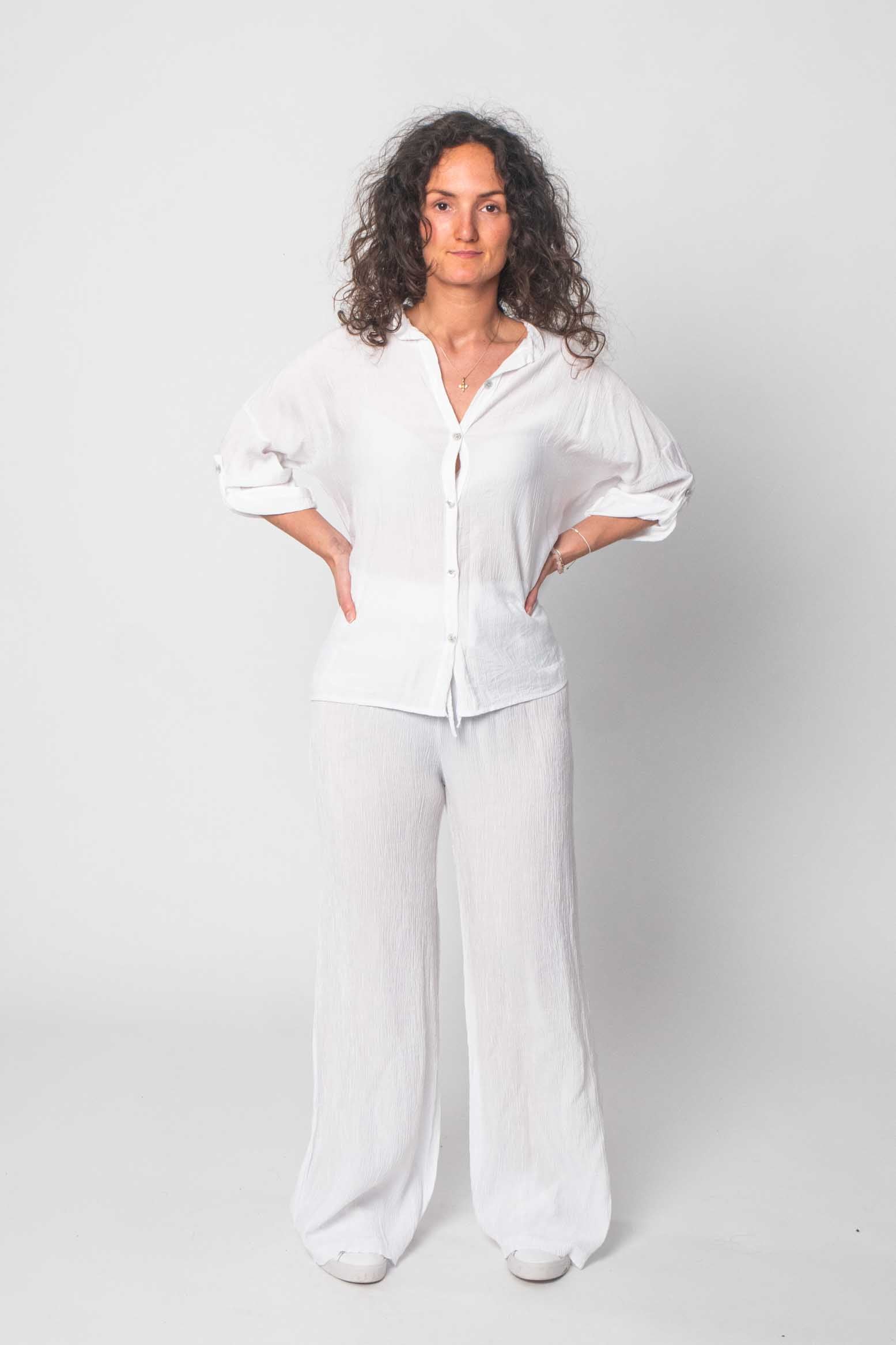 Bequemer Viskose Zweiteiler (Bluse mit Hose) - Weiß