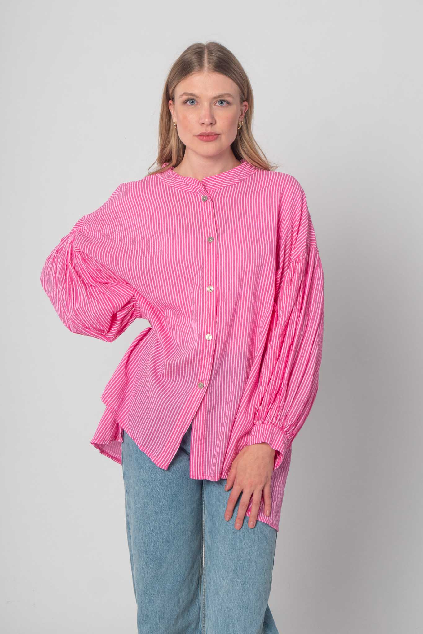 Musselin Bluse mit feinen Streifen - Pink/Weiß