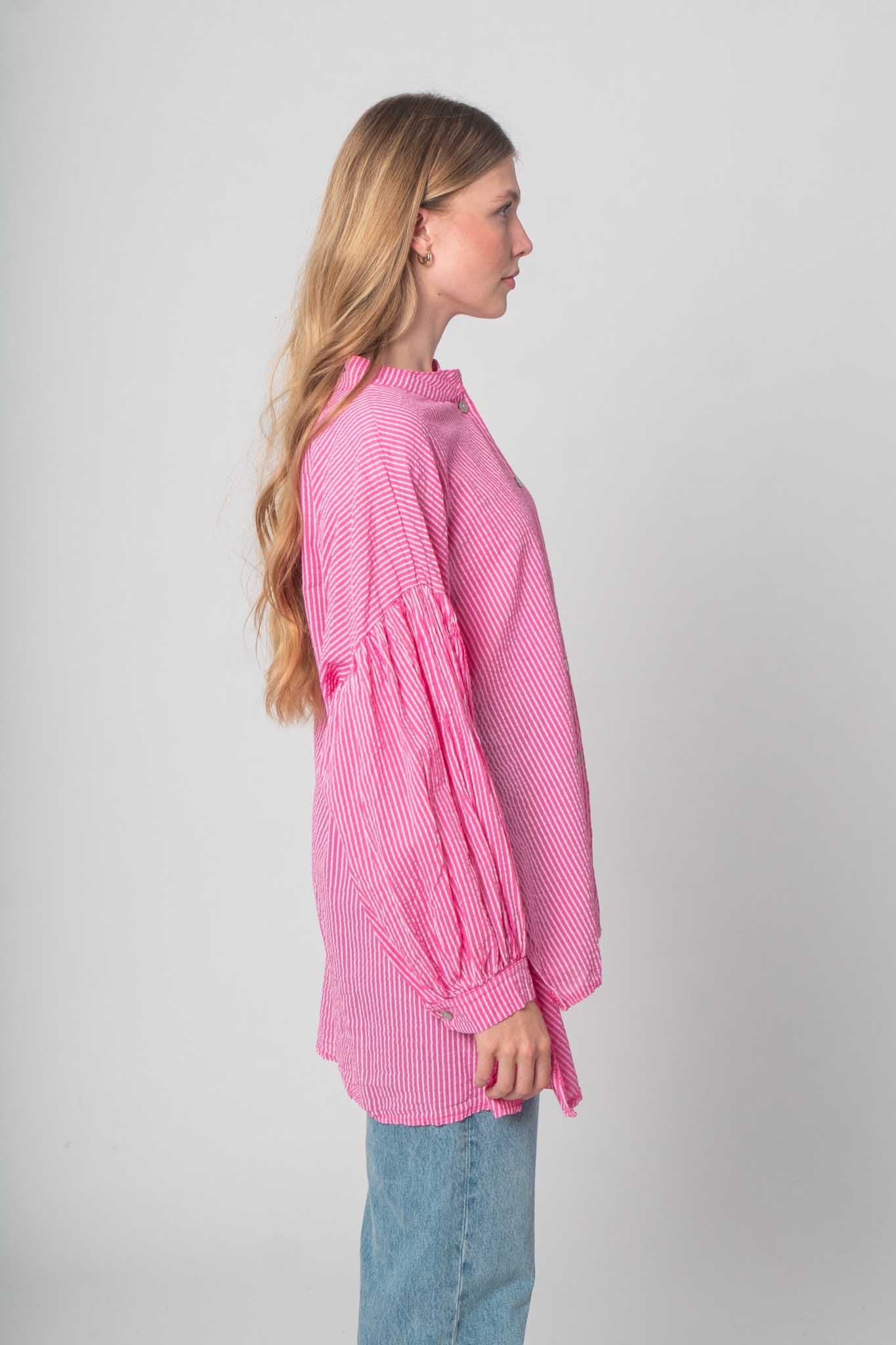 Musselin Bluse mit feinen Streifen - Pink/Weiß