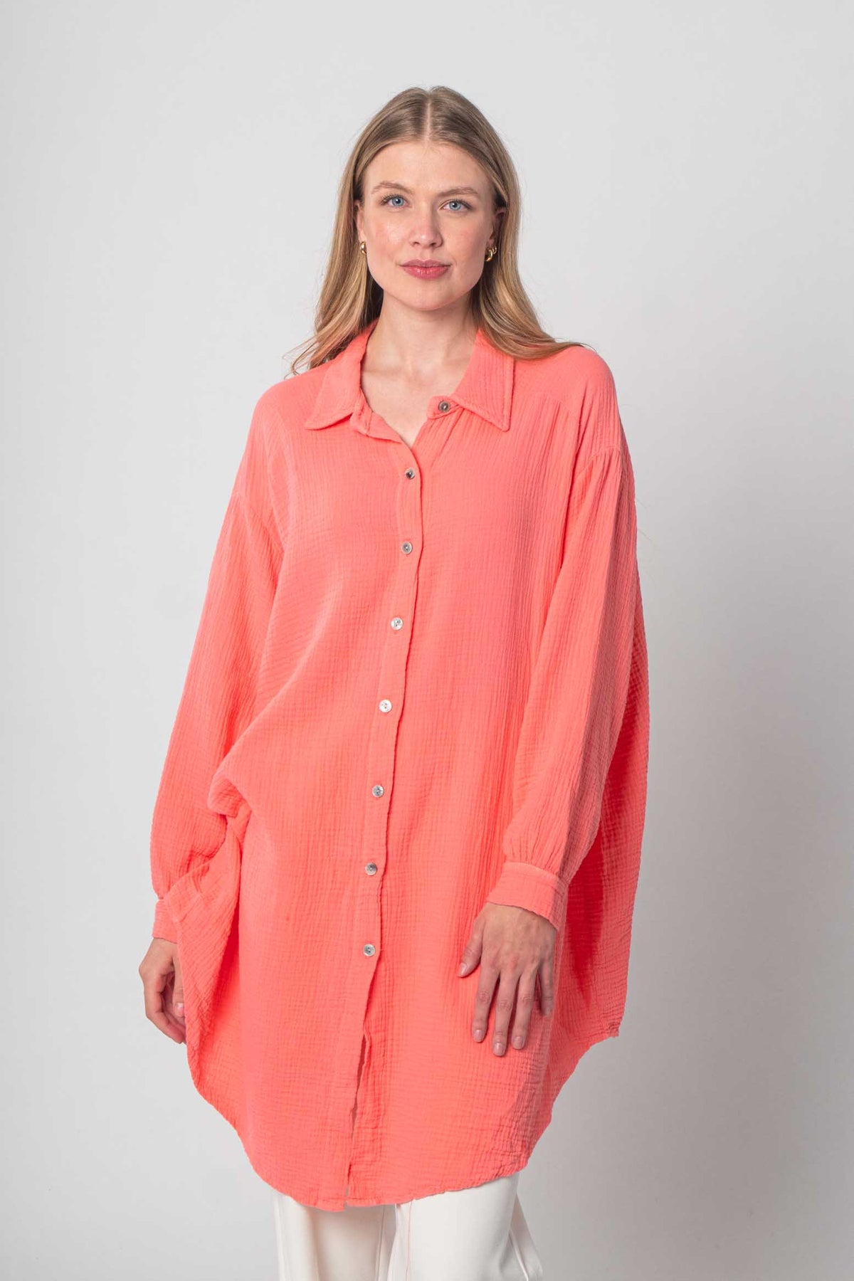 Musselin Bluse Oversized mit Knopfleiste - Koralle