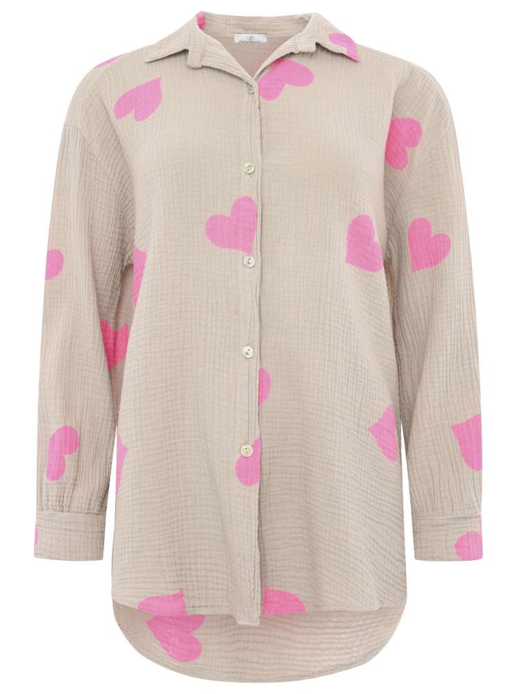 Zwillingsherz - Musselin Bluse mit Herzmuster - Beige/Pink