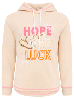 Zwillingsherz - Hoodie mit Pailletten "Hope Love Luck" - Beige