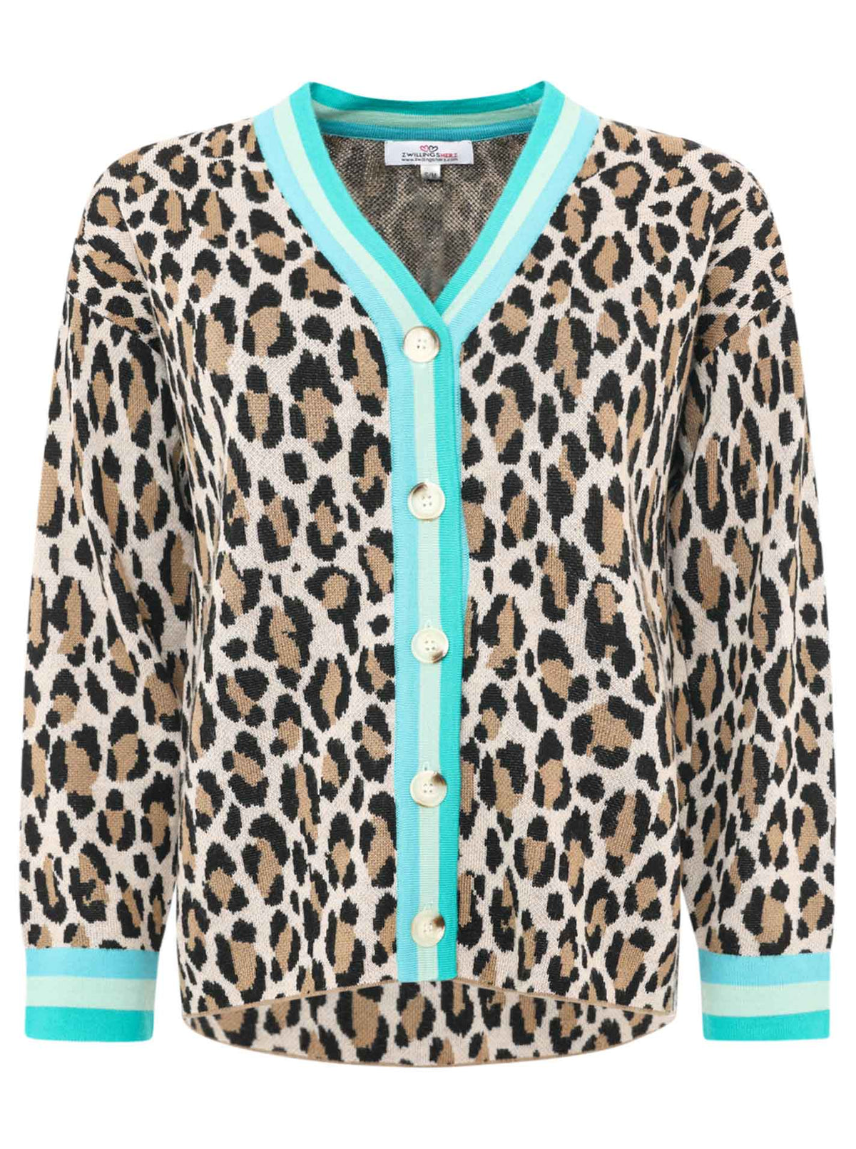 Zwillingsherz -  Strick Cardigan Leo/Leopard - Beige/Türkis