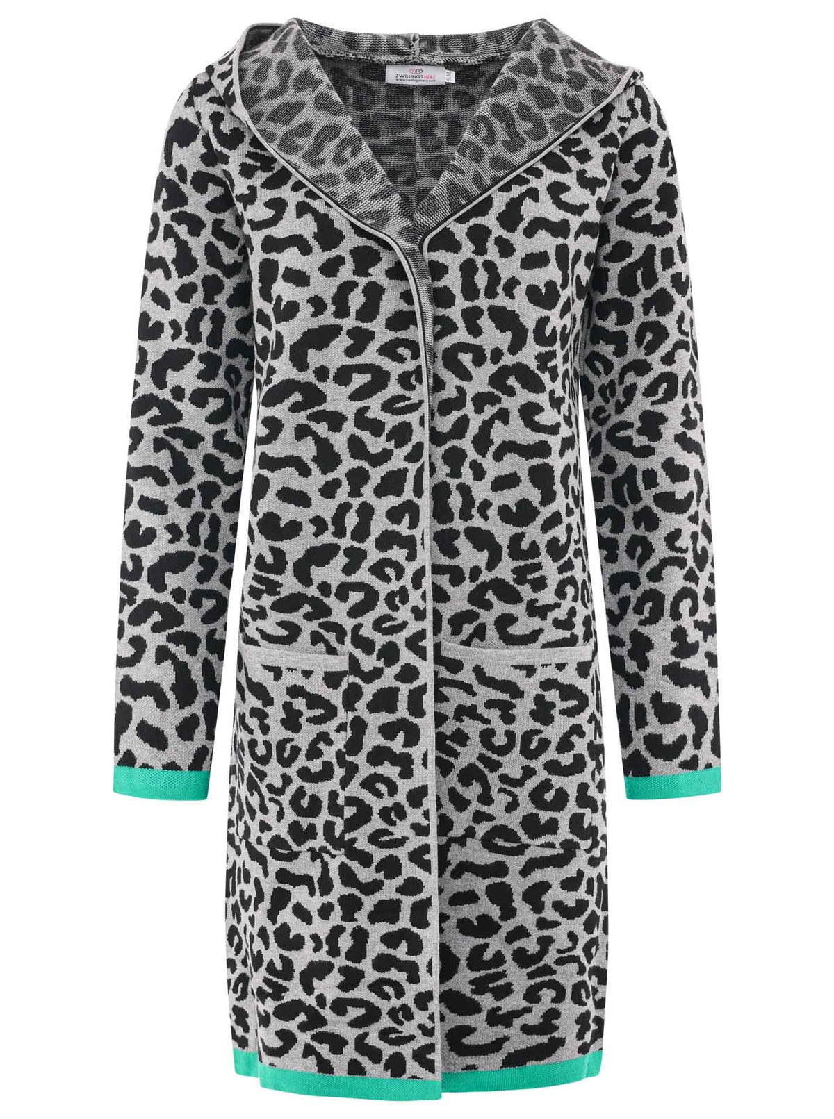 Zwillingsherz Strickjacke mit Kapuze Leo/Leopard - Schwarz/Grau/Grün