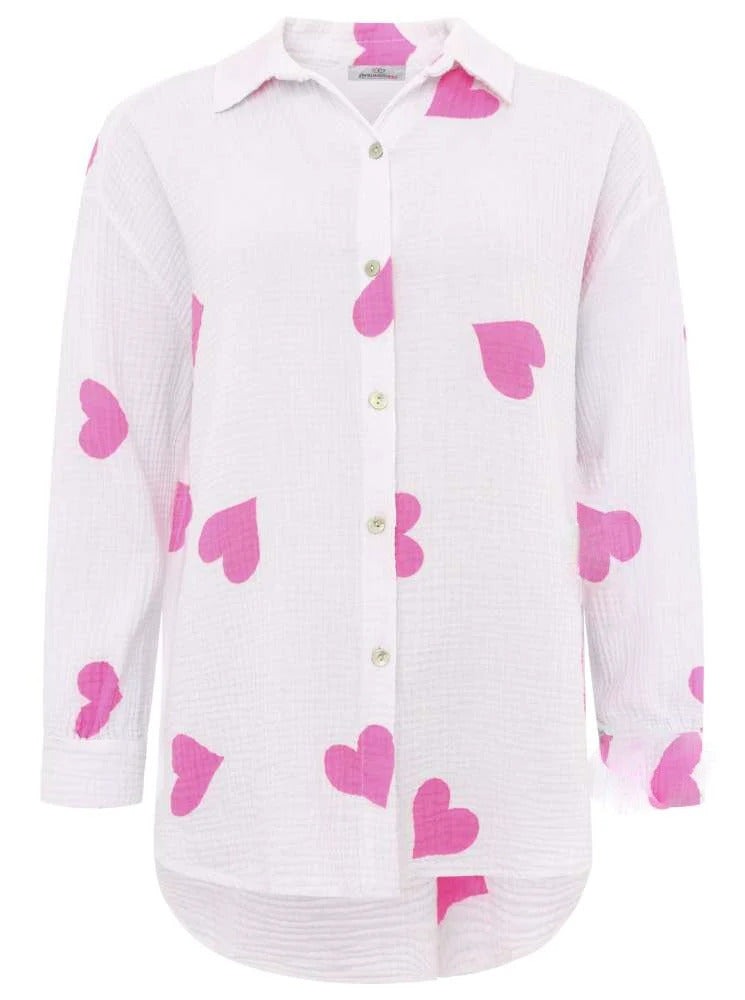 Zwillingsherz - Musselin Bluse mit Herzmuster- Weiß/Pink