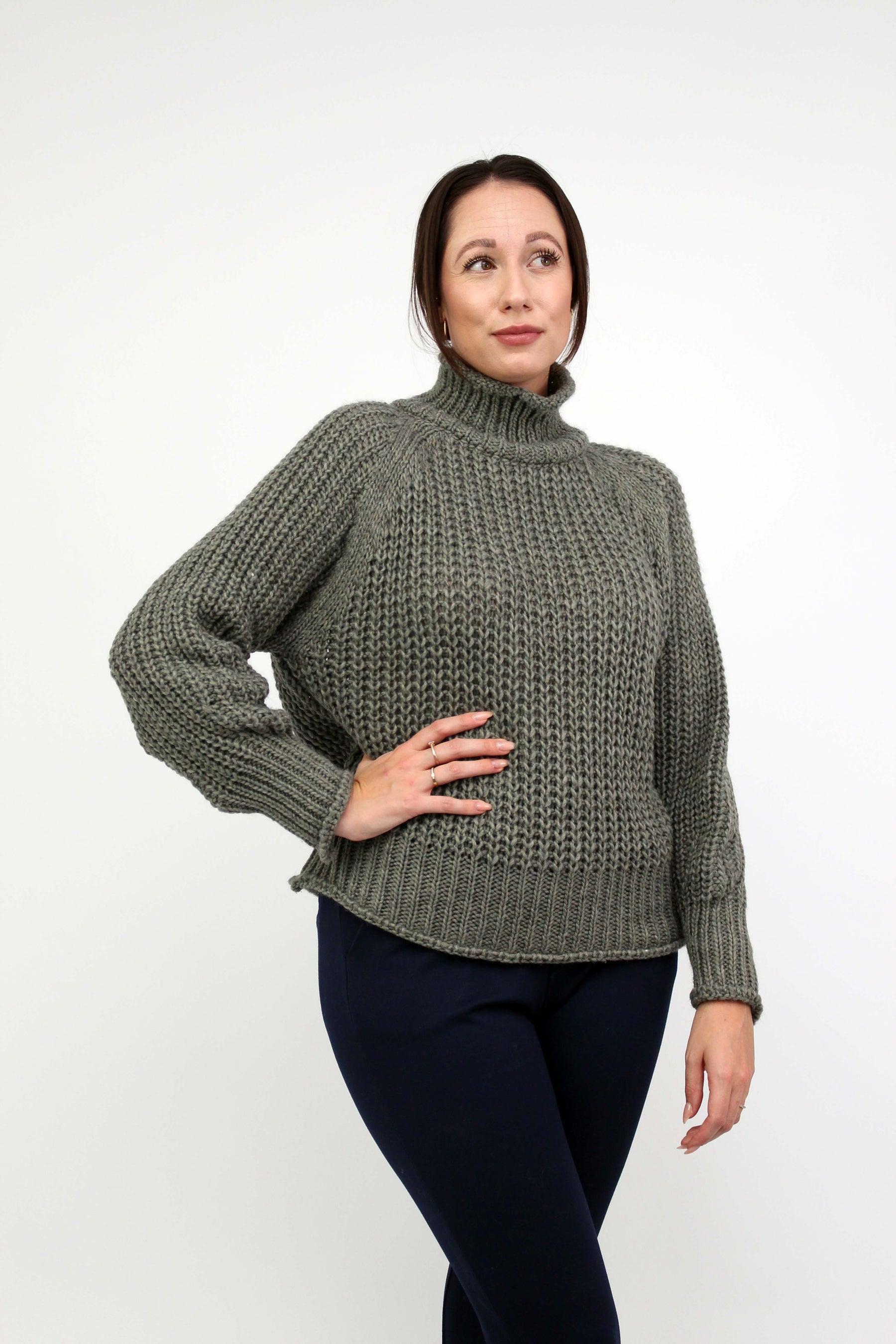 Pullover Stehkragen Grobstrick - Khaki