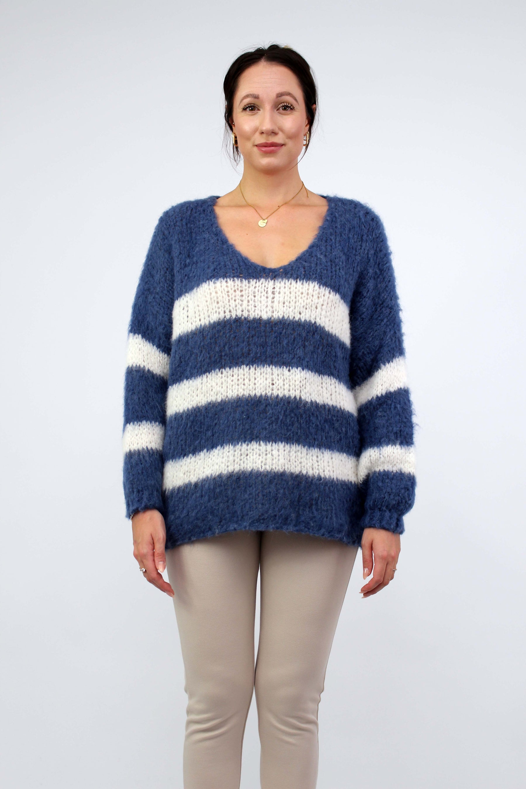 Pullover Streifen "Gebrushed" - Jeansblau