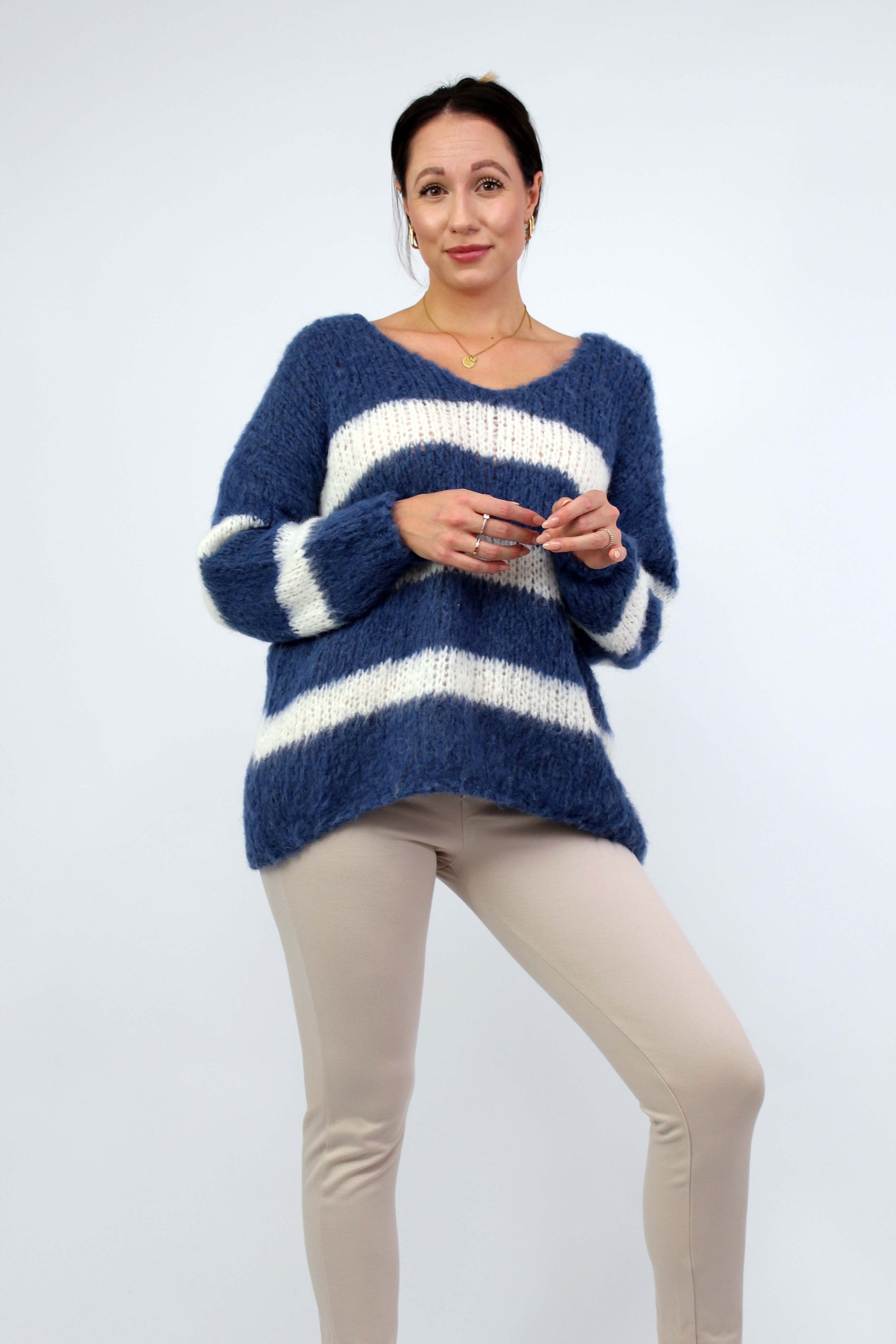 Pullover Streifen "Gebrushed" - Jeansblau