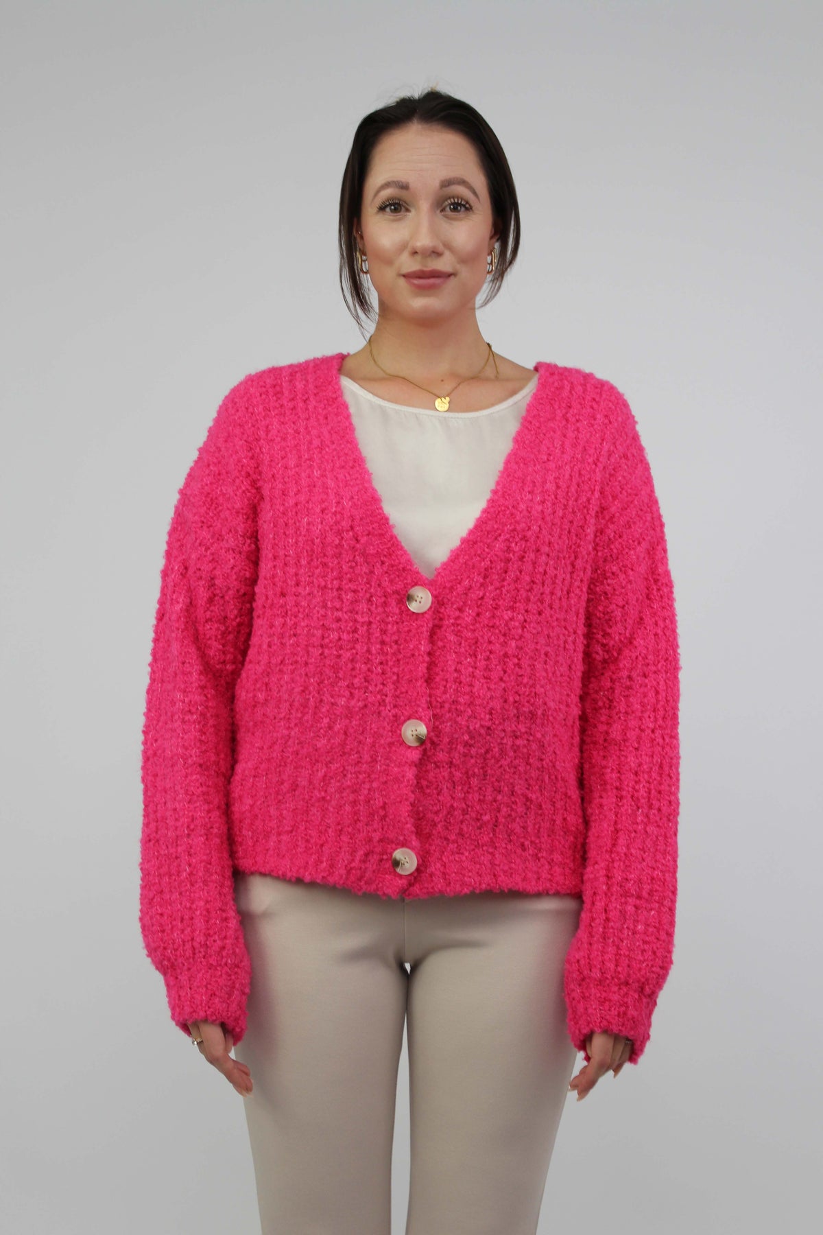 Strickjacke "bouclée" mit Knöpfen - Pink