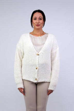 Strickjacke "bouclée" mit Knöpfen - Wollweiß