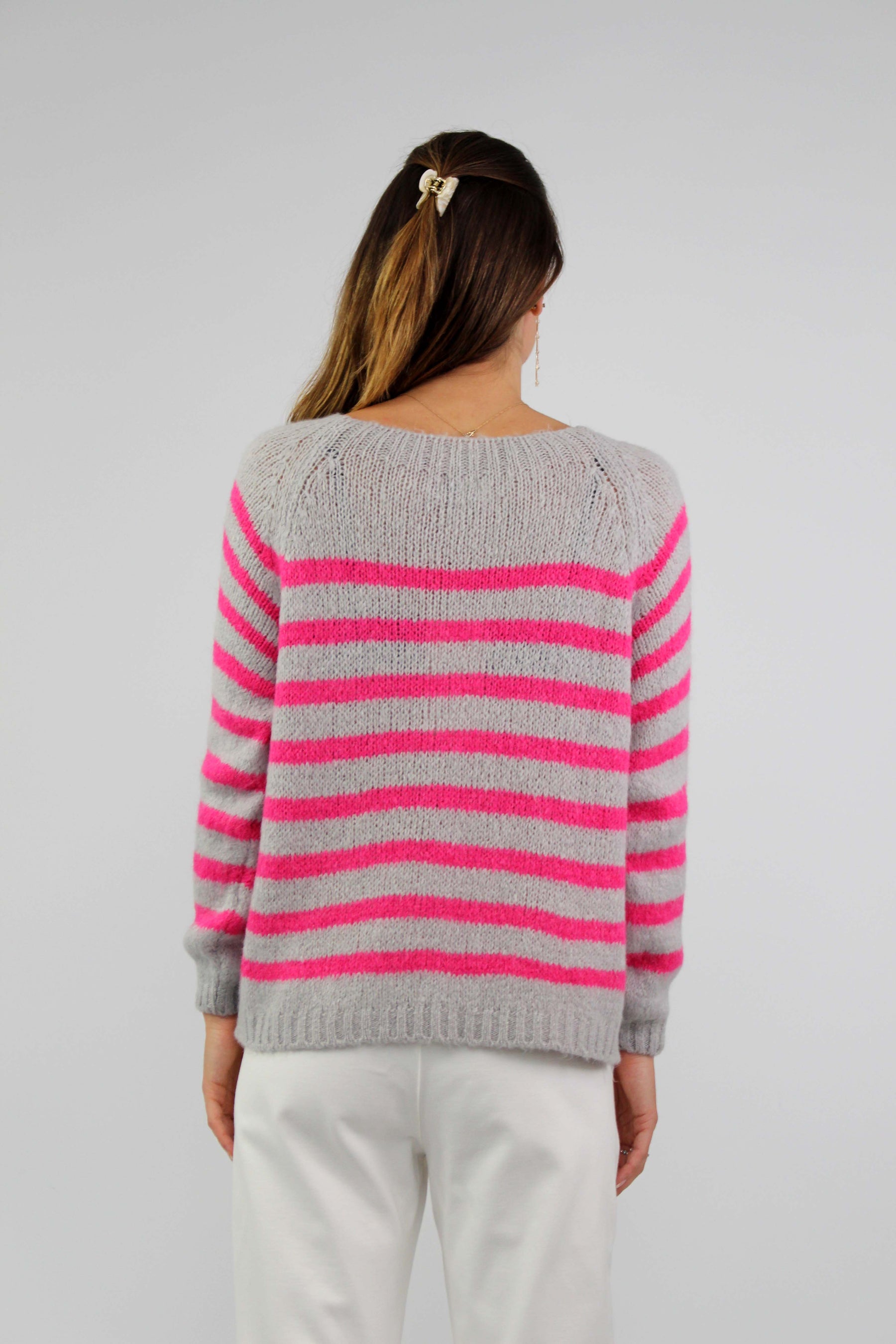 Pullover Streifenoptik - Grau/Pink