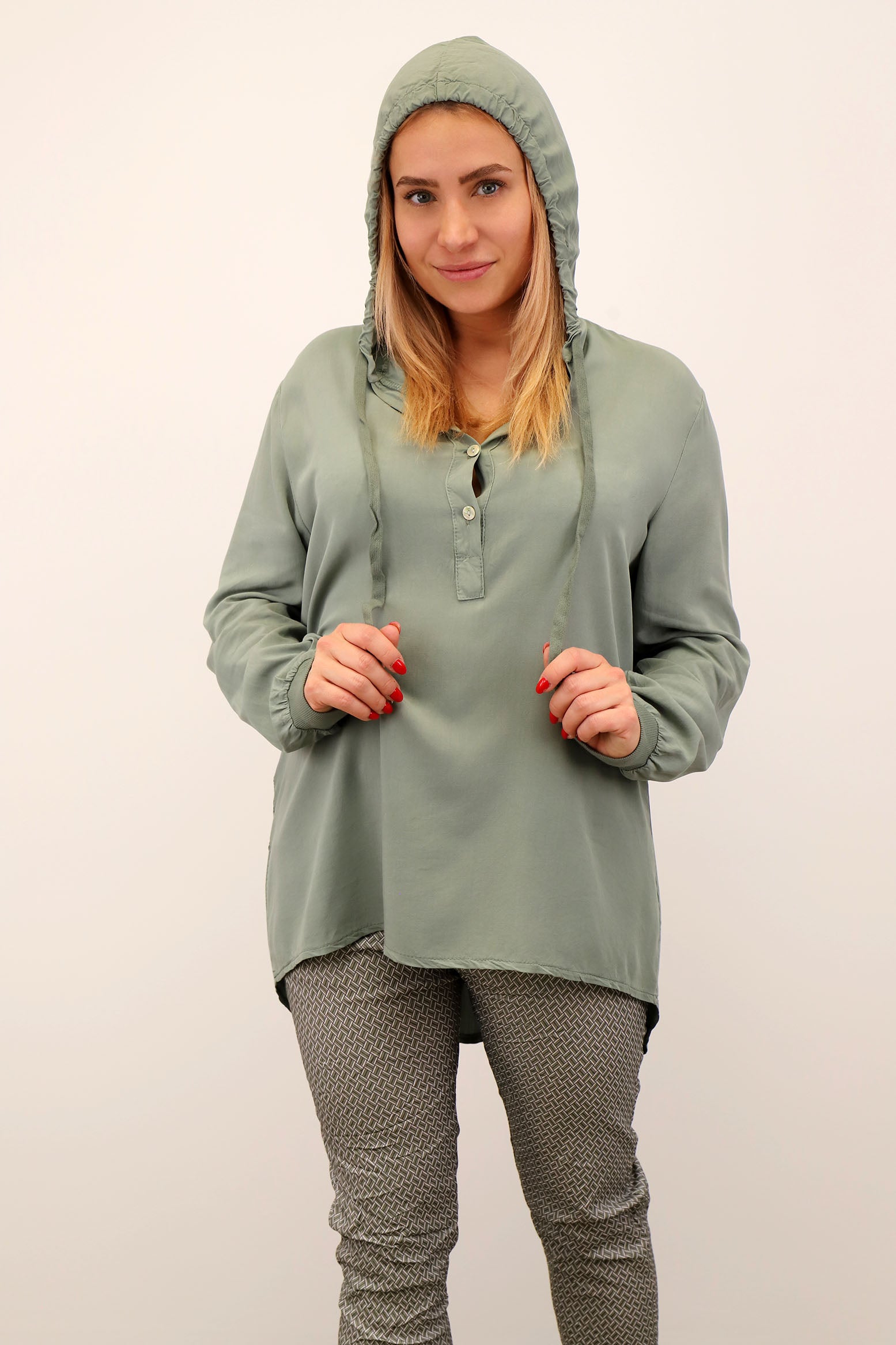 Zwillingsherz Komfort-Bluse mit Kapuze - Khaki