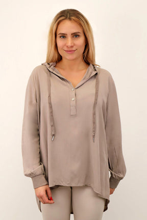 Komfort-Bluse mit Kapuze - Taupe