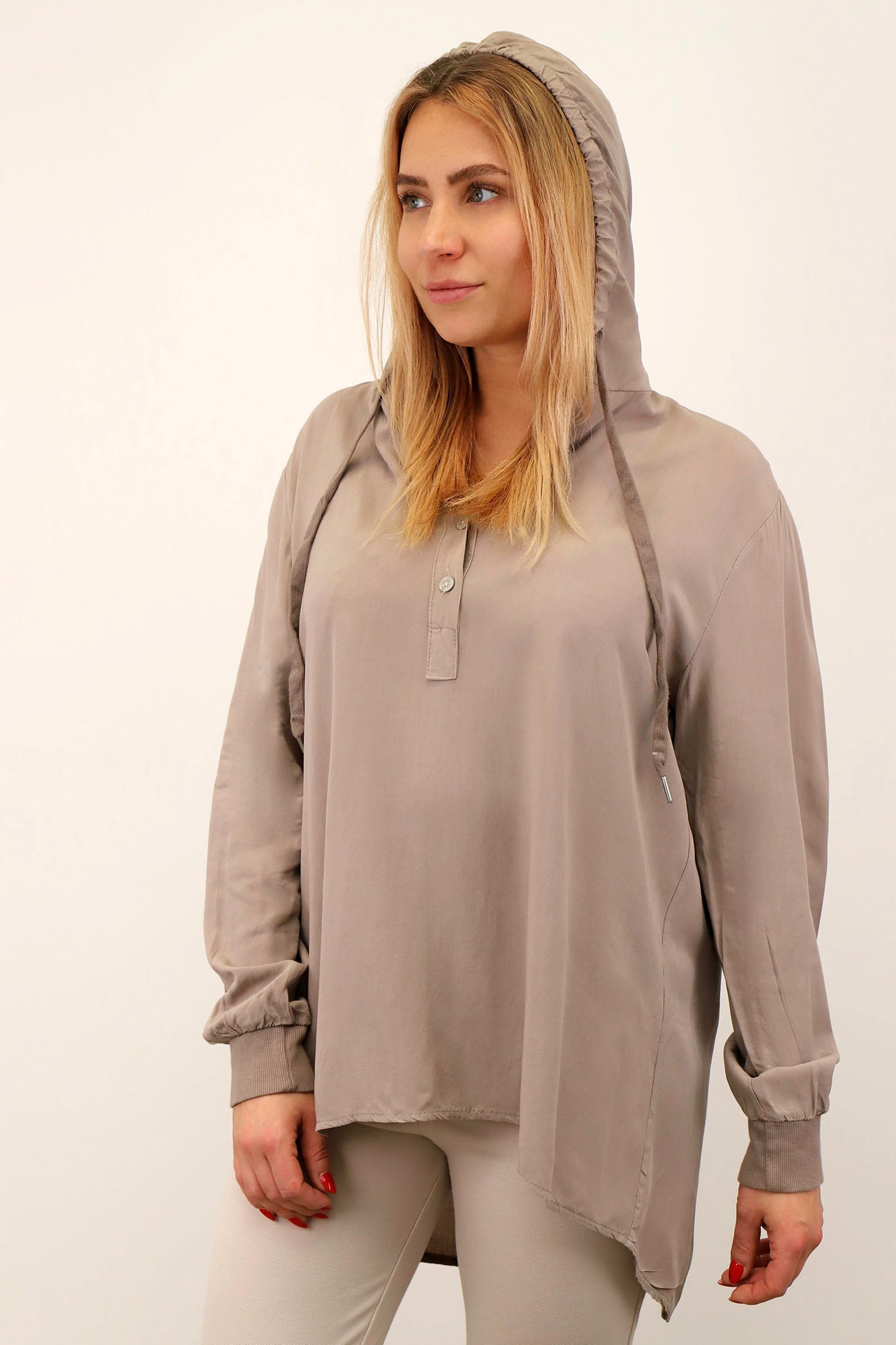 Komfort-Bluse mit Kapuze - Taupe